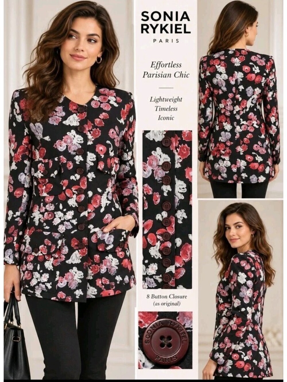 Sonia Rykiel Lightweight Women's 4-pocket Longline Jacket FR 40/US 8 Floral #CC